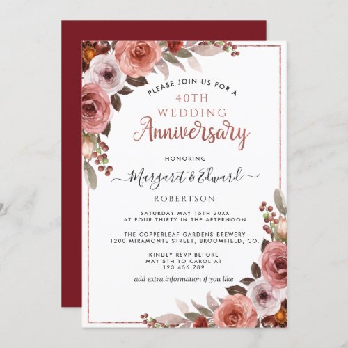 40th Anniversary Red Ruby Rose Gold Blush Floral Invitation