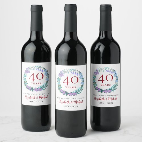 40th Anniversary Ruby Bluebells Floral Wreath Wine Label