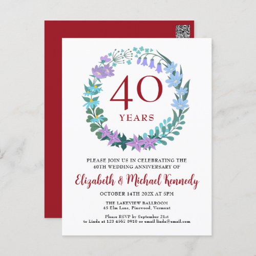 40th Anniversary Ruby Bluebells Wreath Invitation Postcard