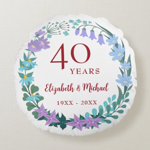40th Anniversary Ruby Floral Bluebell Lilac Wreath Round Pillow