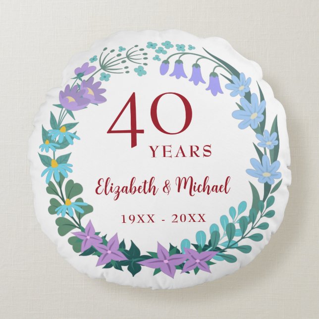 40th Anniversary Ruby Floral Bluebell Lilac Wreath Round Pillow (Front)
