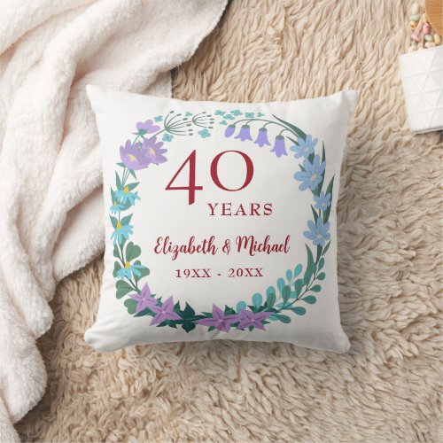 40th Anniversary Ruby Floral Bluebell Lilac Wreath Throw Pillow