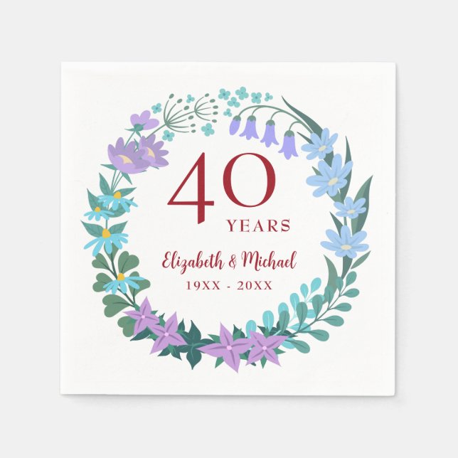 40th Anniversary Ruby Floral Bluebell Wreath Napkins (Front)
