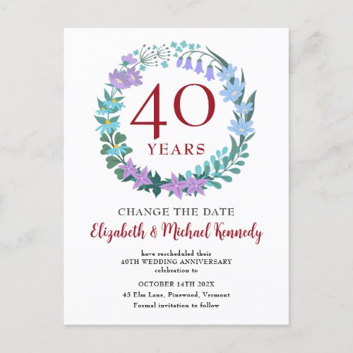 40th Anniversary Ruby Floral Bluebells Change Date Postcard