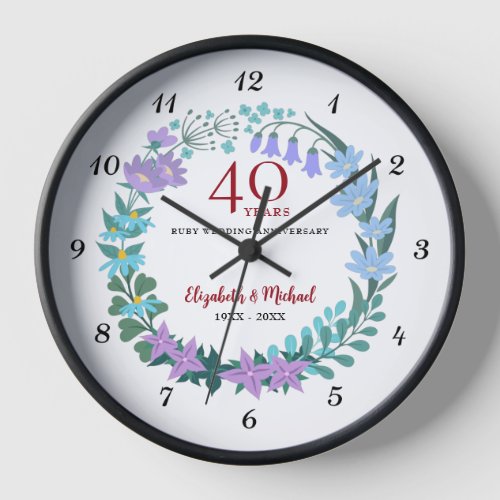 40th Anniversary Ruby Floral Bluebells Wreath Clock
