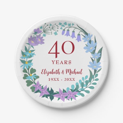 40th Anniversary Ruby Floral Bluebells Wreath Paper Plates