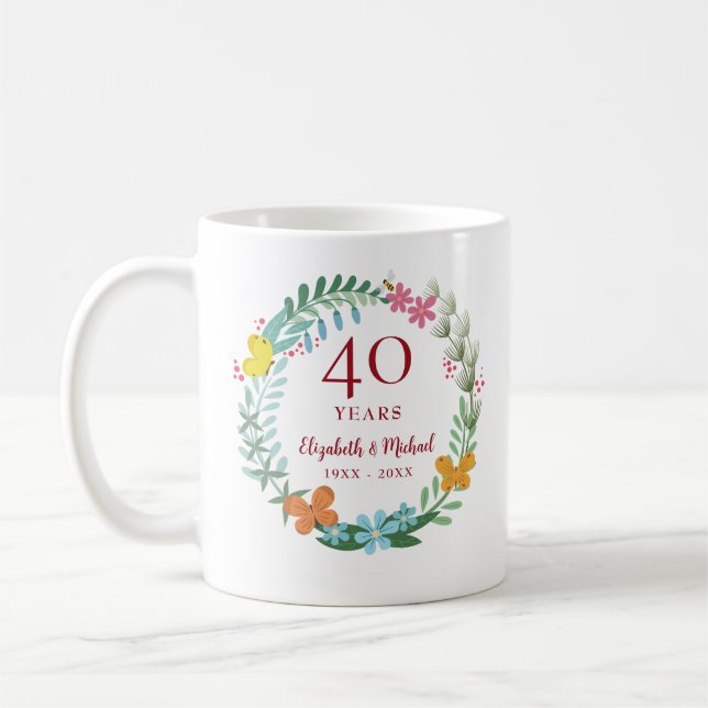 40th Anniversary Ruby Floral Butterfly Wreath Coffee Mug (Left)