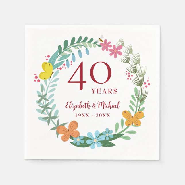 40th Anniversary Ruby Floral Butterfly Wreath Napkins (Front)