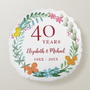 40th Anniversary Ruby Floral Butterfly Wreath Round Pillow