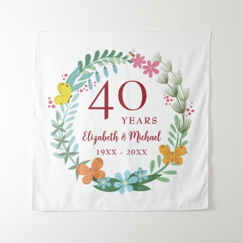 40th Anniversary Ruby Floral Butterfly Wreath Tapestry