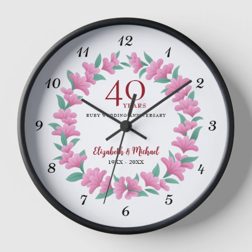 40th Anniversary Ruby Floral Pink Flowers Wreath Clock