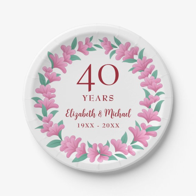 40th Anniversary Ruby Floral Pink Flowers Wreath Paper Plates (Front)