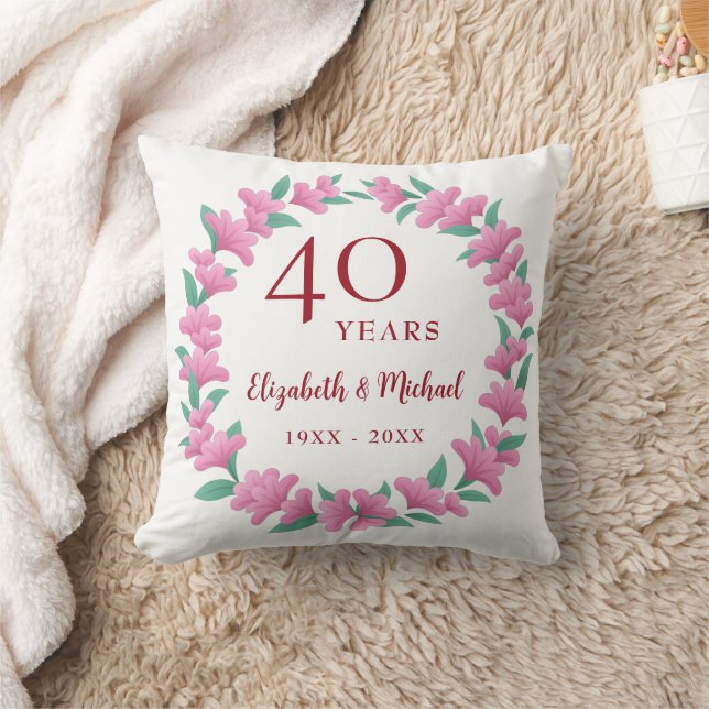 40th Anniversary Ruby Floral Pink Flowers Wreath Throw Pillow (Blanket)