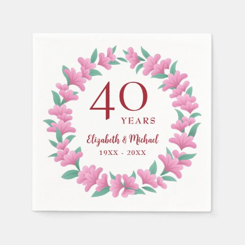 40th Anniversary Ruby Floral Pink Green Wreath Napkins