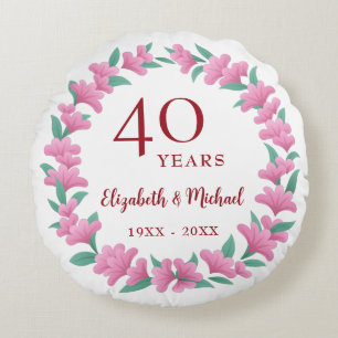 40th Anniversary Ruby Floral Pink Green Wreath Round Pillow