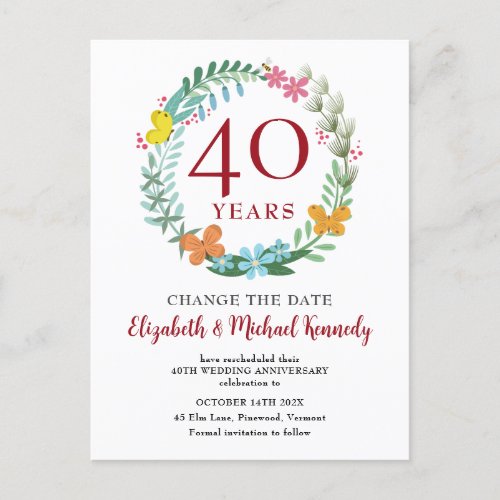 40th Anniversary Ruby Floral Wreath Change Date Postcard