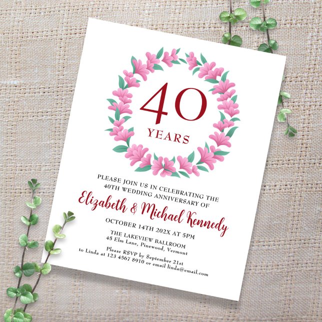 40th Anniversary Ruby Floral Wreath Invitation (Creator Uploaded)