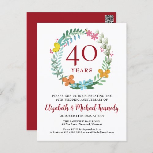 40th Anniversary Ruby Floral Wreath Invitation Postcard