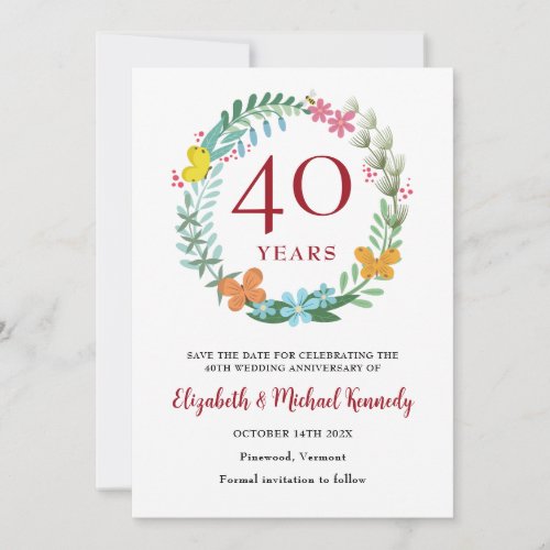 40th Anniversary Ruby Floral Wreath Save The Date