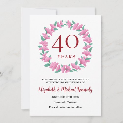 40th Anniversary Ruby Floral Wreath Save The Date