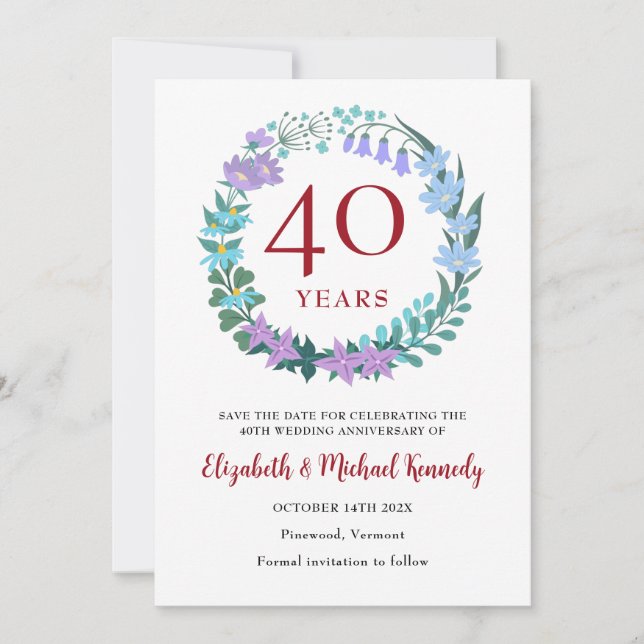 40th Anniversary Ruby Floral Wreath Save The Date (Front)
