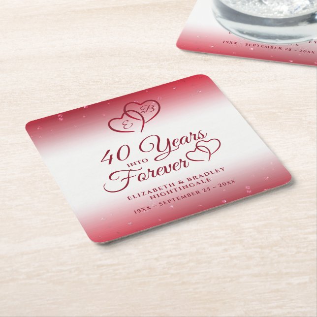 40th Anniversary Ruby Heart 40 YEARS INTO FOREVER Square Paper Coaster (Angled)