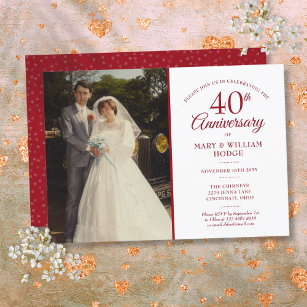 40th Anniversary Ruby Heart Confetti Wedding Photo Invitation