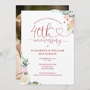 40th Anniversary Ruby Heart Floral Photo Invitation