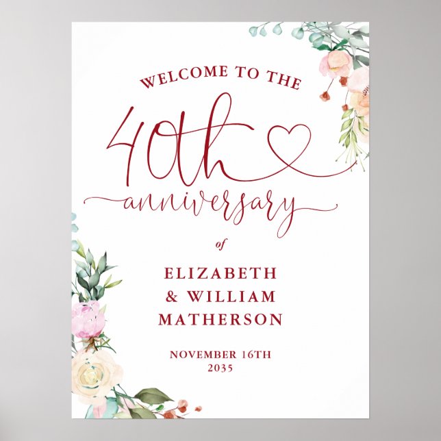 40th Anniversary Ruby Heart Floral Welcome Sign (Front)