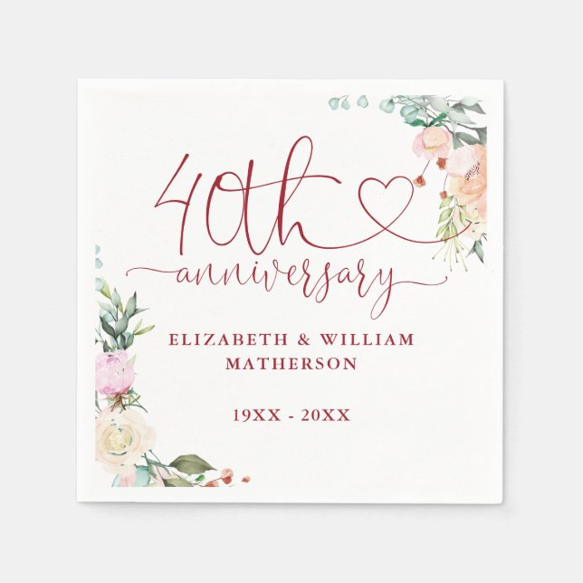 40th Anniversary Ruby Heart Roses Floral Napkins (Front)