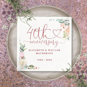40th Anniversary Ruby Heart Roses Floral Napkins