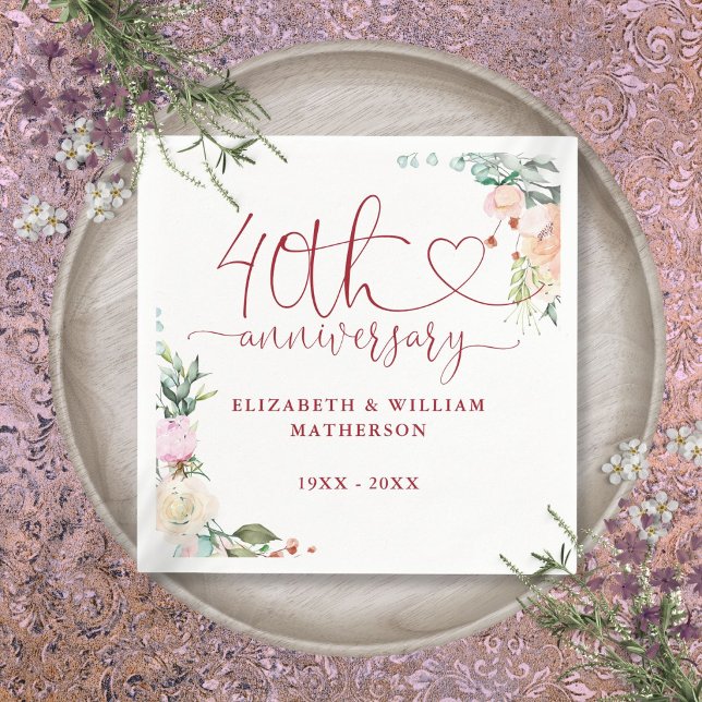40th Anniversary Ruby Heart Roses Floral Napkins (40th Anniversary Ruby Heart Roses Floral Napkins)