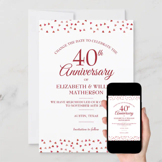 40th Anniversary Ruby Hearts Change The Date Invitation 