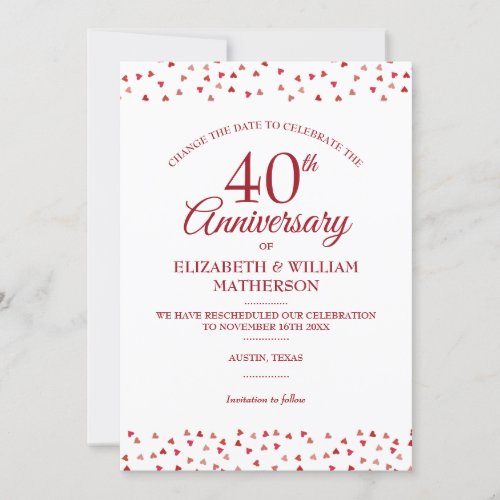 40th Anniversary Ruby Hearts Change the Date Invitation