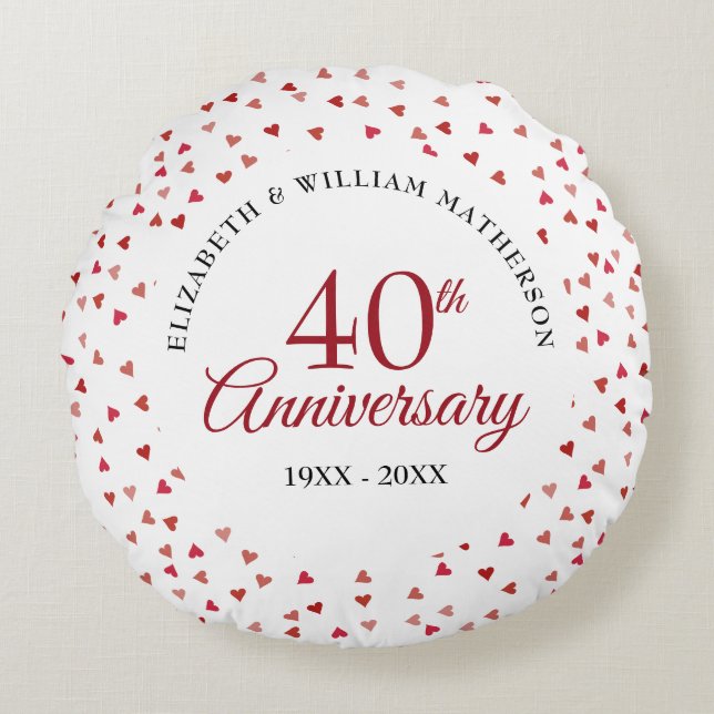 40th Anniversary Ruby Hearts Confetti Round Pillow (Front)