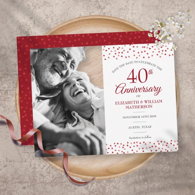 40th Anniversary Ruby Hearts Save the Date Photo  Announcement Postcard