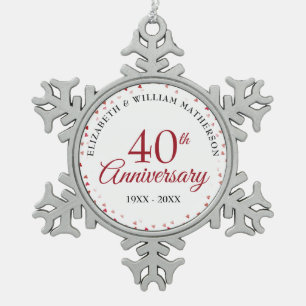 40th Anniversary Ruby Hearts Snowflake Pewter Christmas Ornament