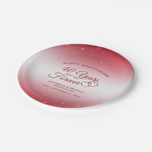 40th Anniversary Ruby Hearts YEARS INTO FOREVER Paper Plates (Angled)