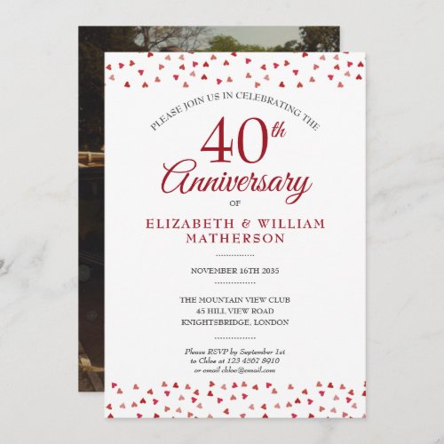 40th Anniversary Ruby Love Hearts Confetti Photo Invitation