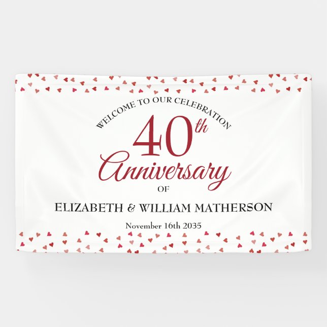 40th Anniversary Ruby Love Hearts Confetti Welcome Banner (Horizontal)