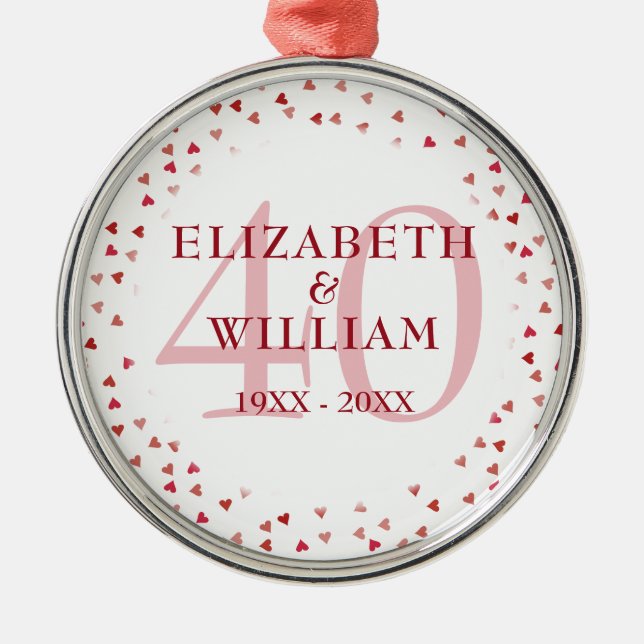 40th Anniversary Ruby Love Hearts Metal Ornament (Front)