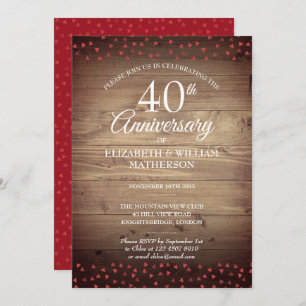 40th Anniversary Ruby Love Hearts Rustic Wood Invitation