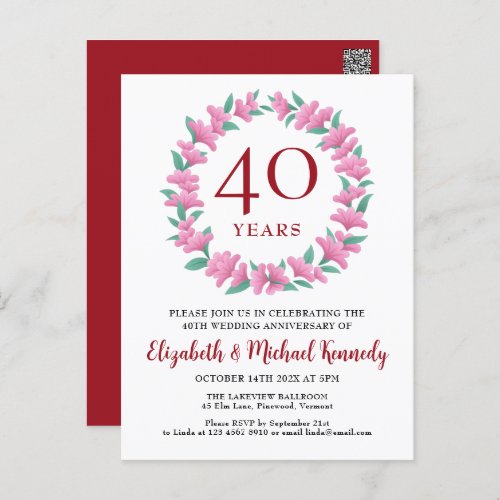 40th Anniversary Ruby Pink Green Wreath Invitation Postcard