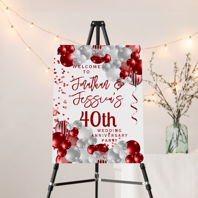 40th Anniversary Ruby Red Balloons Party Welcome Foam Board (In Situ (Stand))