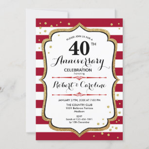 40th Anniversary - Ruby Red Gold White Invitation