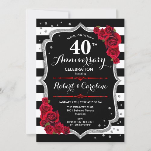 40th Anniversary _ Ruby Red Silver Black White Invitation