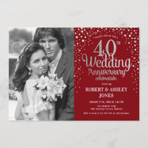 40th Anniversary - Ruby Red Silver Photo Invitation