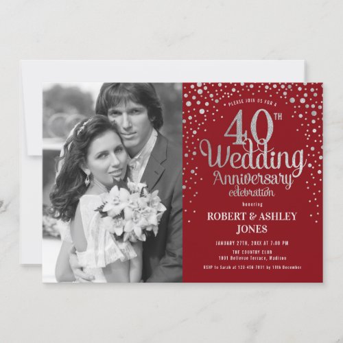 40th Anniversary _ Ruby Red Silver Photo Invitation