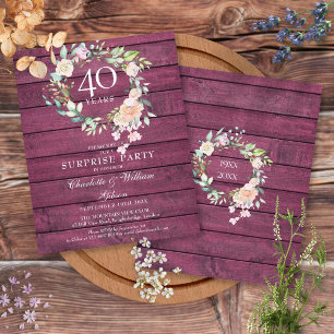 40th Anniversary Ruby Rustic Wood Floral Invite