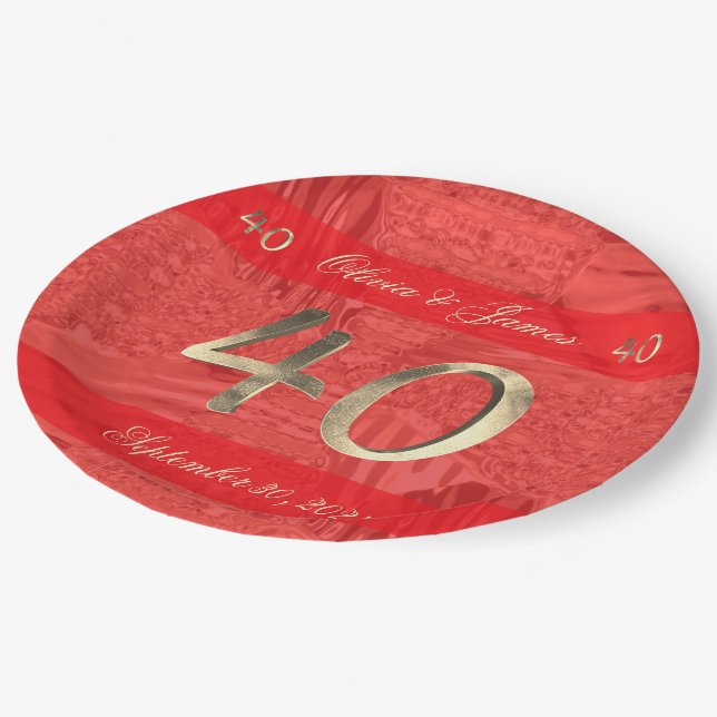 40th Anniversary Ruby Wedding Elegant Red and Gold Paper Plates (Angled)